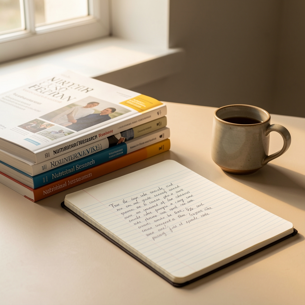 Editorial workspace with open notebooks, printed research articles, and a ceramic mug on a dark oak desk with controlled warm lighting from a desk lamp