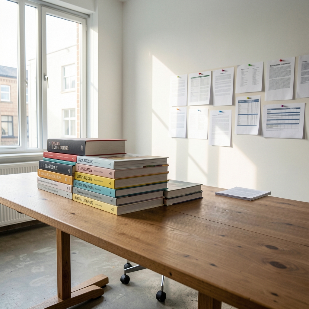 Wide-angle view of an editorial office interior with a long wooden table, stacked nutritional reference books, research printouts pinned to the wall, and morning light entering through large windows