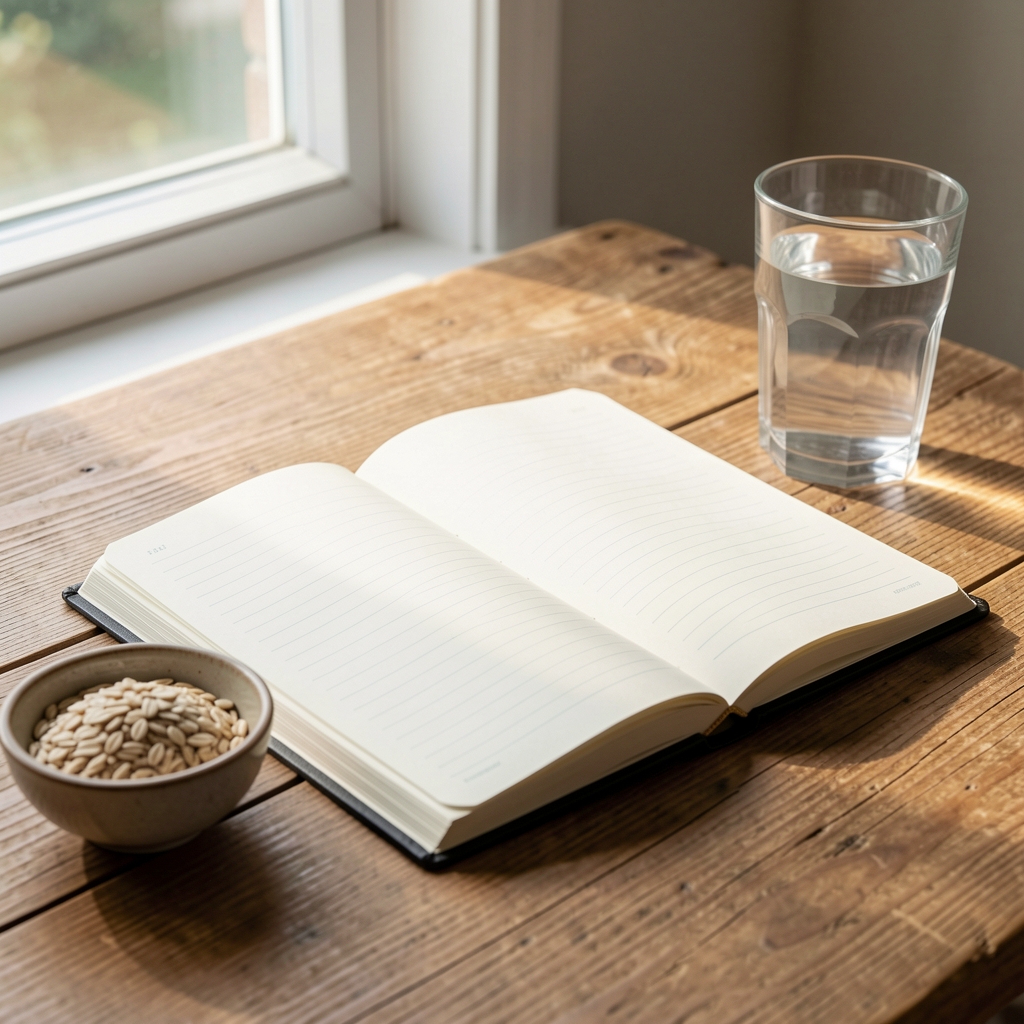 Close-up of a food journal open on a wooden desk beside a small bowl of whole grains and a glass of water, morning light filtering from a nearby window