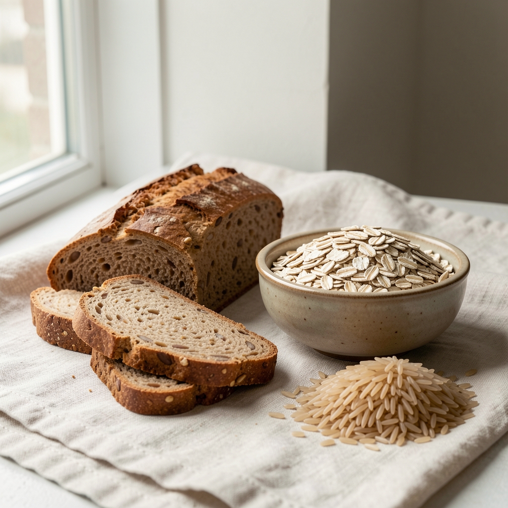Selection of whole grain bread slices, oats in a ceramic bowl, and brown rice arranged on a pale linen cloth under soft daylight from a studio window