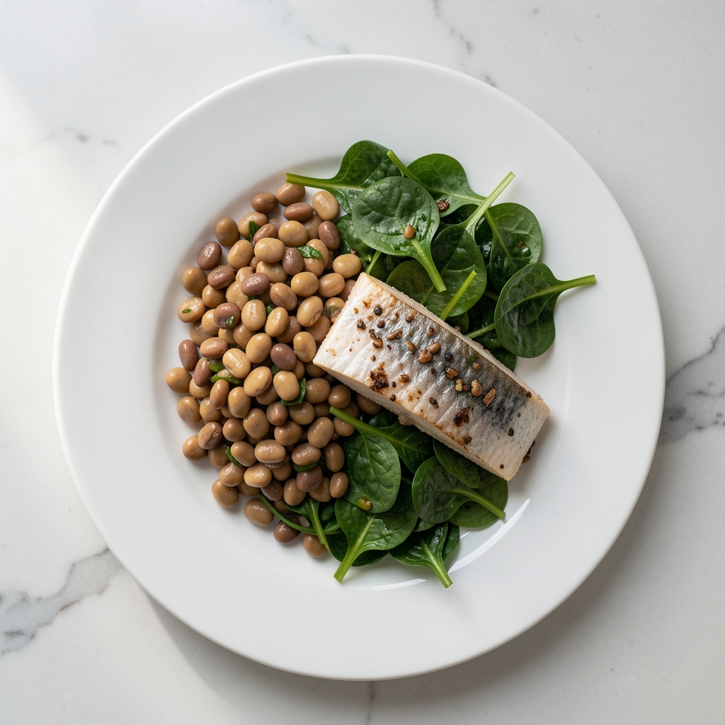 Overhead view of a balanced meal with legumes, leafy greens, and a portion of fish on a white plate, photographed on a clean kitchen counter with natural light