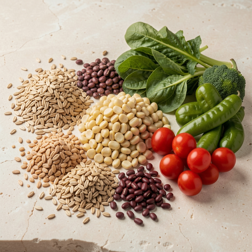Spread of whole grains, legumes, and fresh vegetables arranged on a pale stone surface under controlled studio lighting, representing nutrient-dense whole food choices